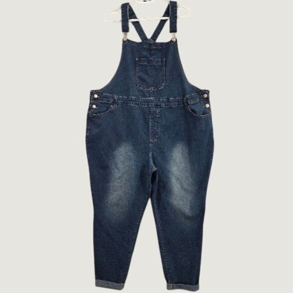SHEIN Curve Overalls Women's 30 7X Blue Denim Stretch Cropped Bibs Medium Wash